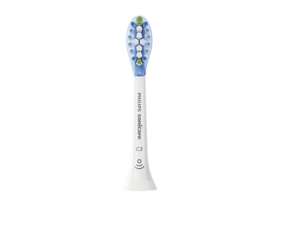 White Philips Sonicare toothbrush head. Blue and white bristles. Philips Sonicare and C3 printed on the side.