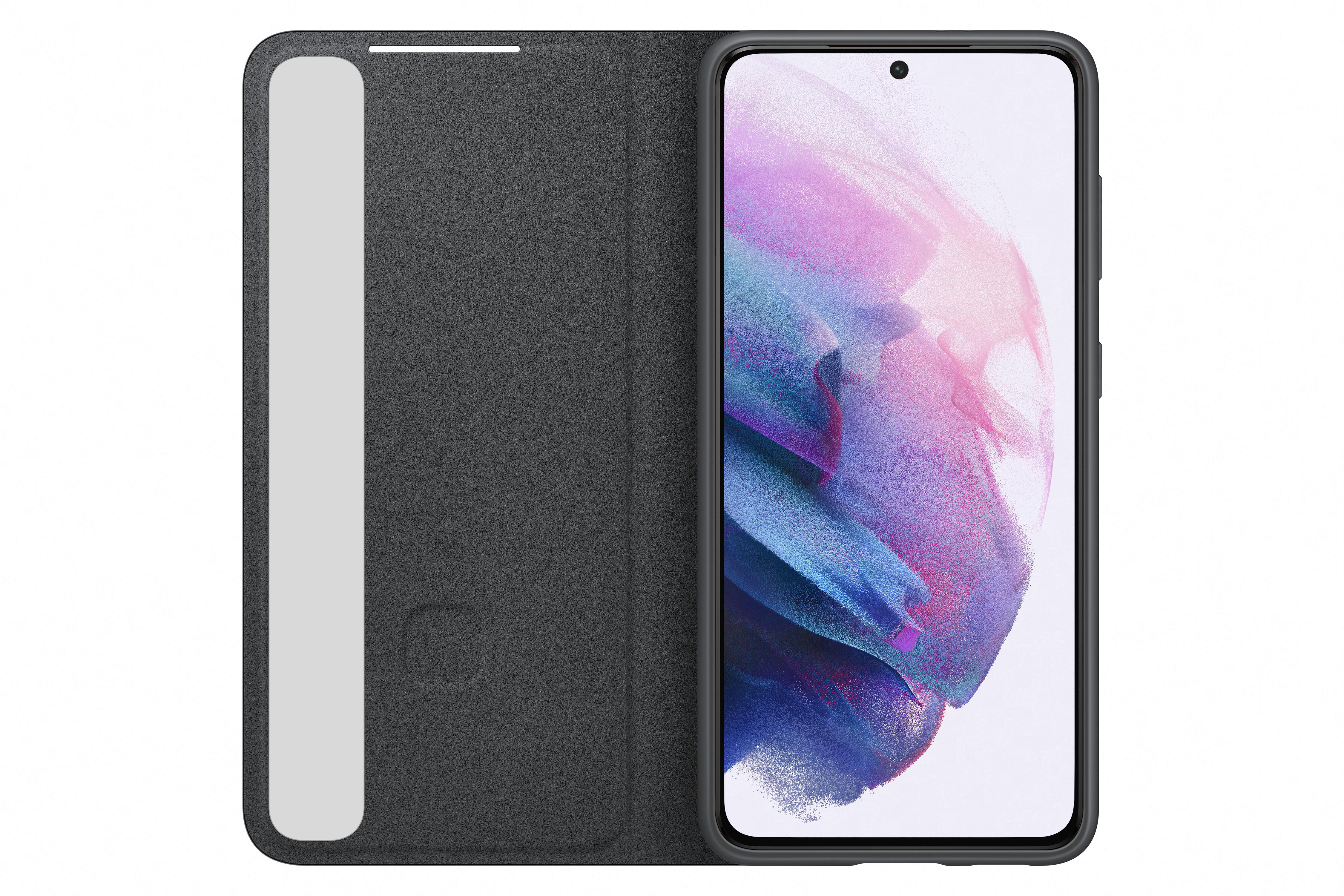 Ein Smartphone in einer dunkelgrauen Hülle, die Frontabdeckung ist offen und zeigt den Bildschirm. Der Hintergrund ist weiß.