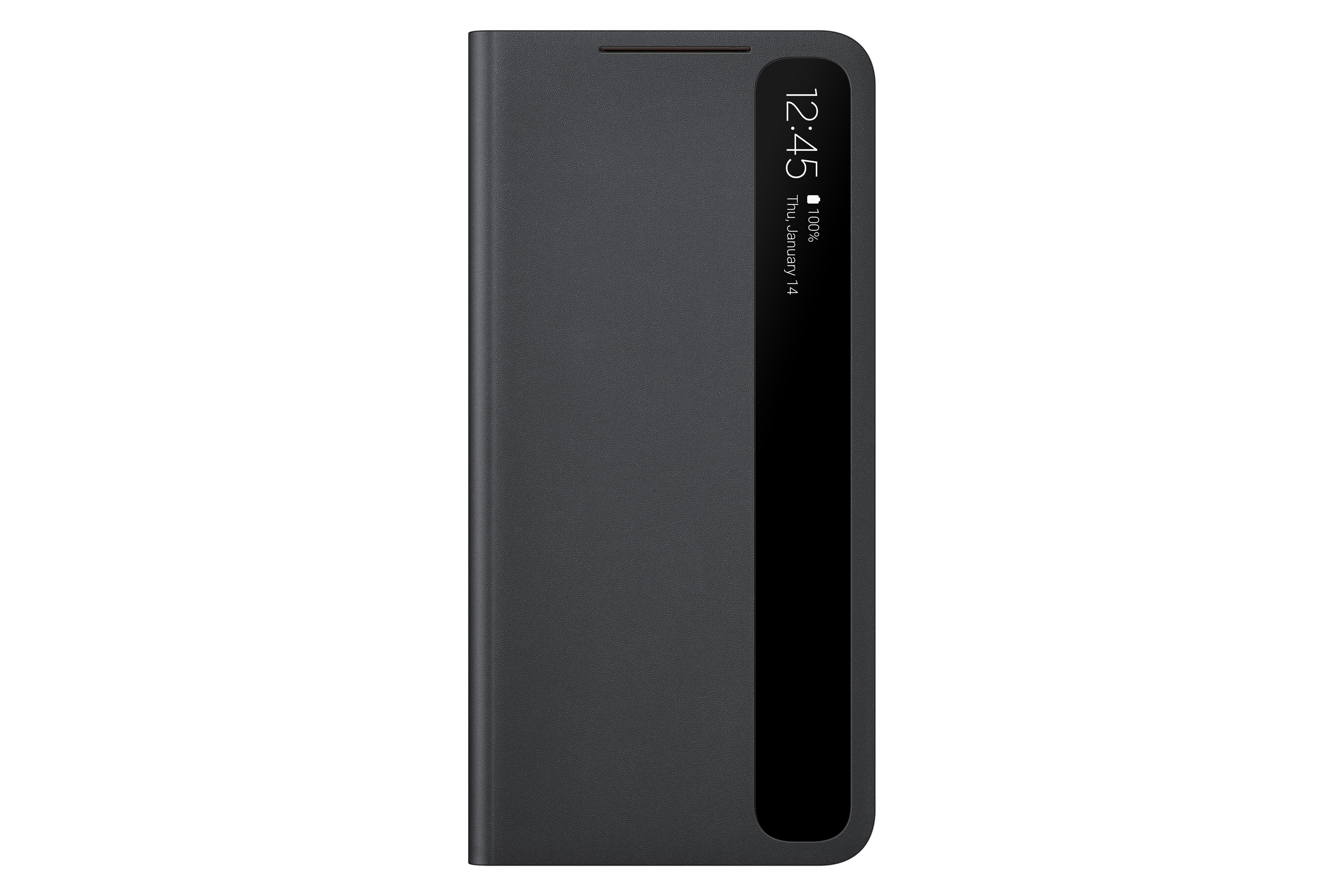 Eine schwarze Samsung-Handyhülle mit Zeitanzeige.