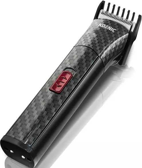 Tondeuse à cheveux noire et grise avec motif fibre de carbone. Bouton rouge et accessoire de peigne.