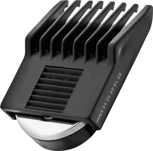 Accessoire de tondeuse noir. Guide avec des chiffres indiquant la longueur de coupe.