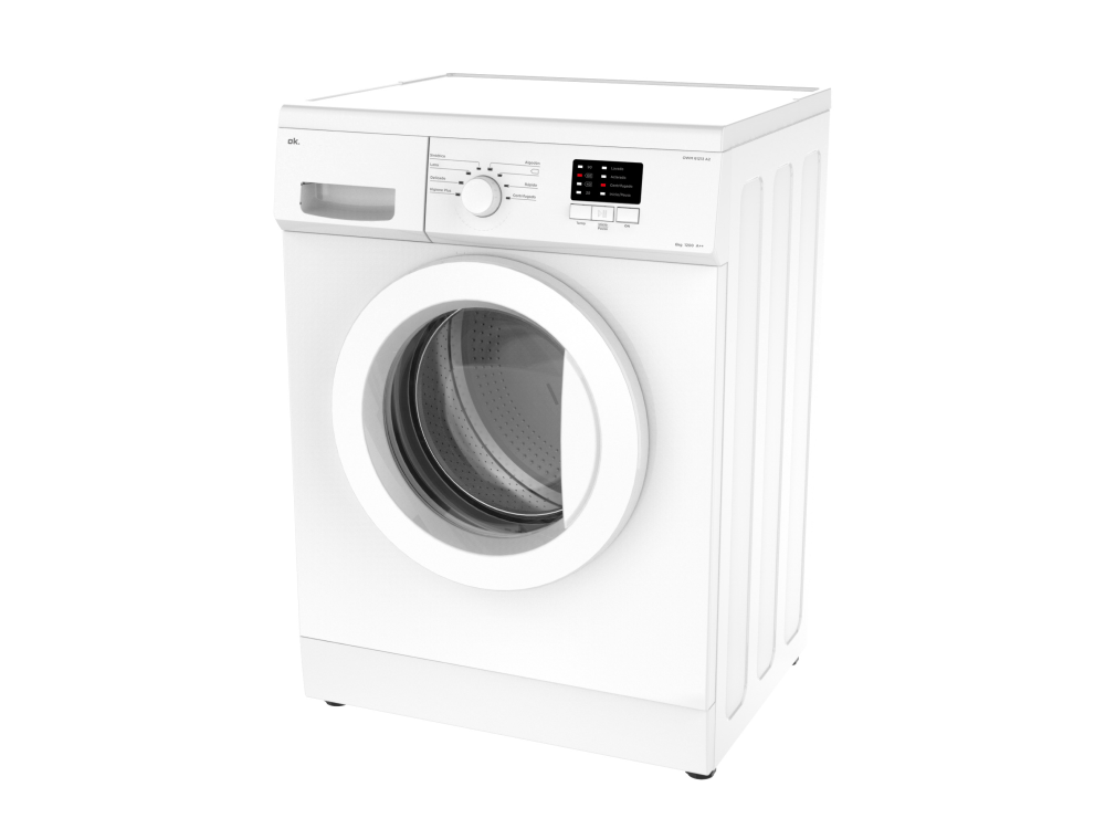 Lavadora blanca con puerta redonda y panel de control.