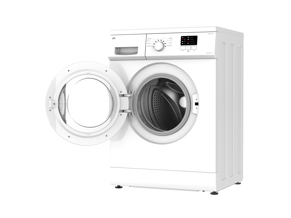 Lavadora blanca con la puerta abierta.