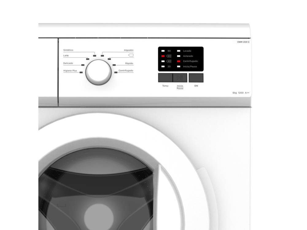Panel de control de lavadora con botones etiquetados y pantalla digital que muestra los detalles del ciclo de lavado.