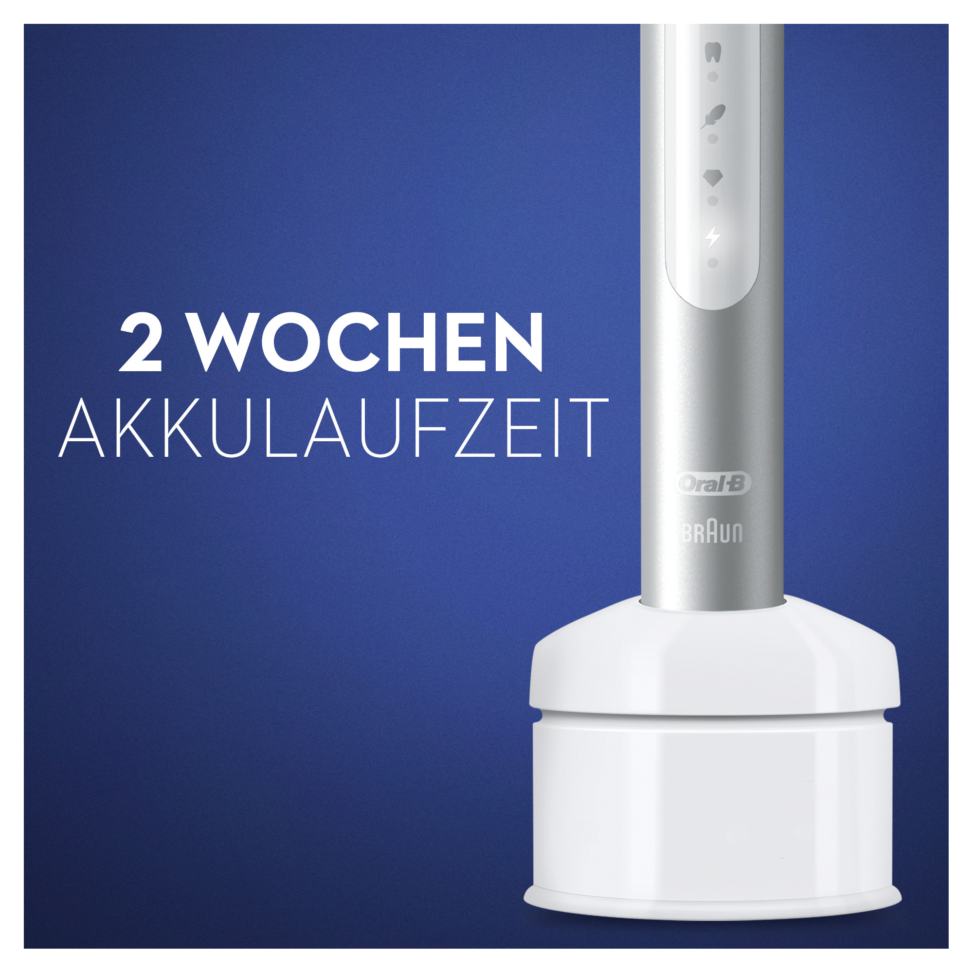 Weiß-silberne elektrische Zahnbürste von Oral-B auf blauem Hintergrund.