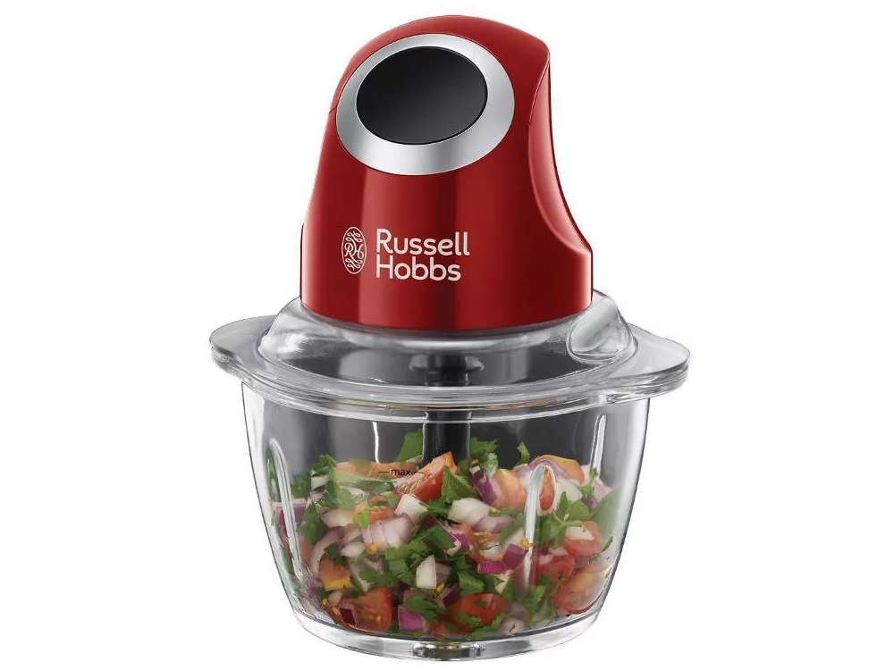 Procesador de alimentos rojo, bol de vidrio con verduras picadas. Tapa roja con logo Russell Hobbs.