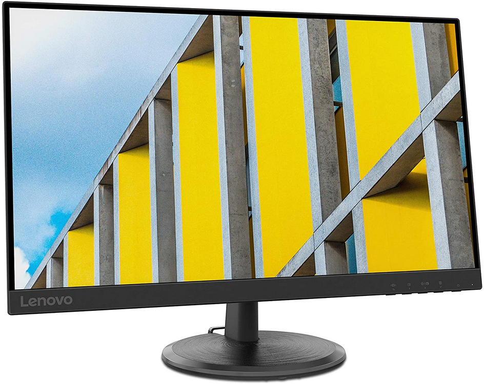 El monitor Lenovo muestra un diseño abstracto de un edificio moderno, con un fondo de cielo.