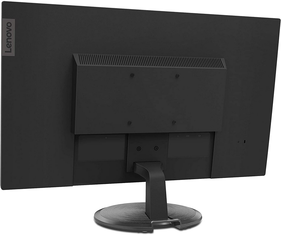La parte trasera de un monitor Lenovo negro, que muestra los puertos, el soporte y el soporte de montaje.