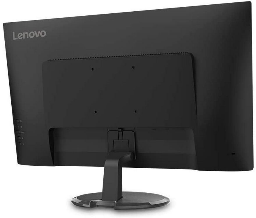 Parte trasera de un monitor Lenovo negro. El monitor tiene un soporte y el logotipo de Lenovo está en la parte superior.