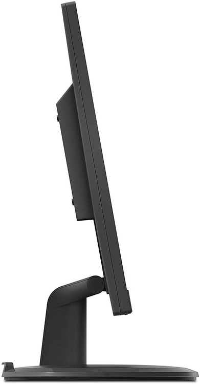 Una vista lateral de un monitor Lenovo negro.