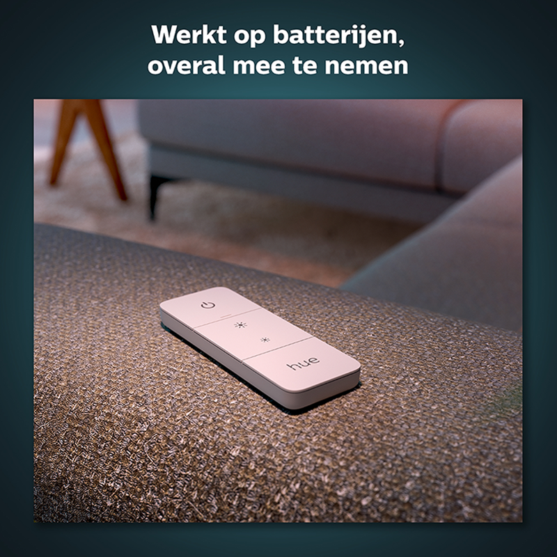 A small white remote control lying on a gray couch.