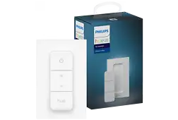 A Philips Hue dimmer switch and its packaging, white and blue colors.