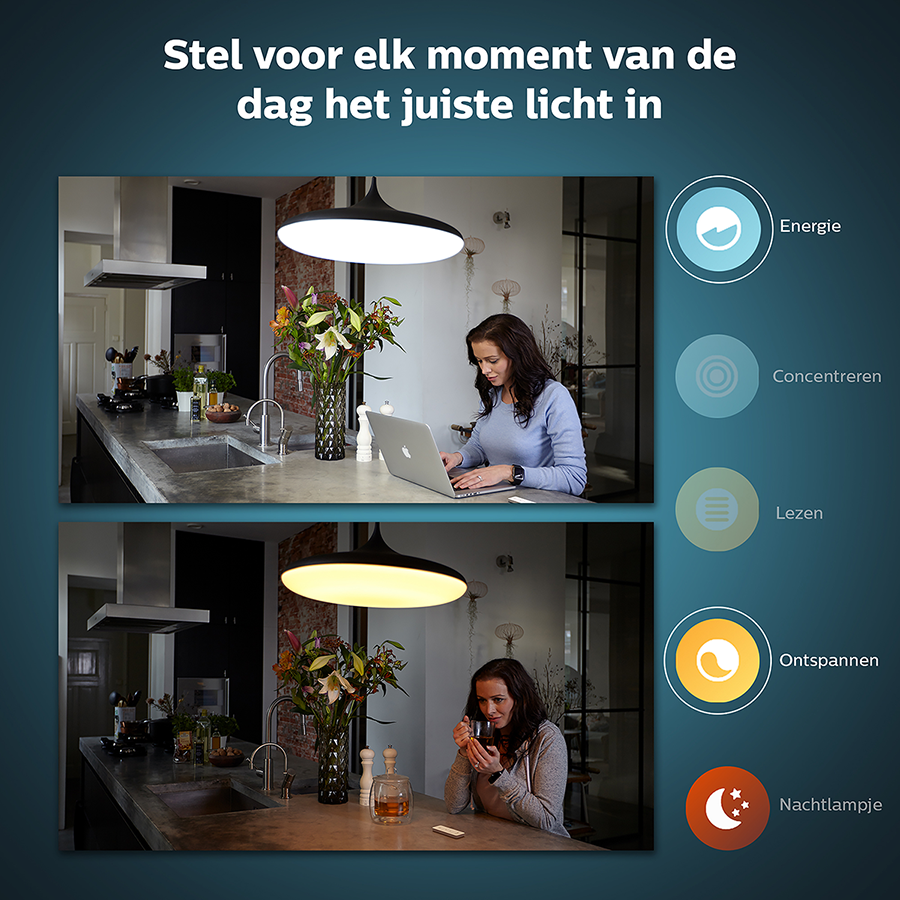 Image shows a kitchen with two scenes. One shows a woman with a laptop. The other shows a woman drinking tea.