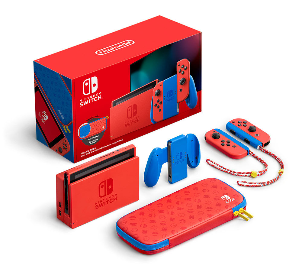 Juego de caja Nintendo Switch. Contiene consola, mandos y accesorios. Rojo y azul.