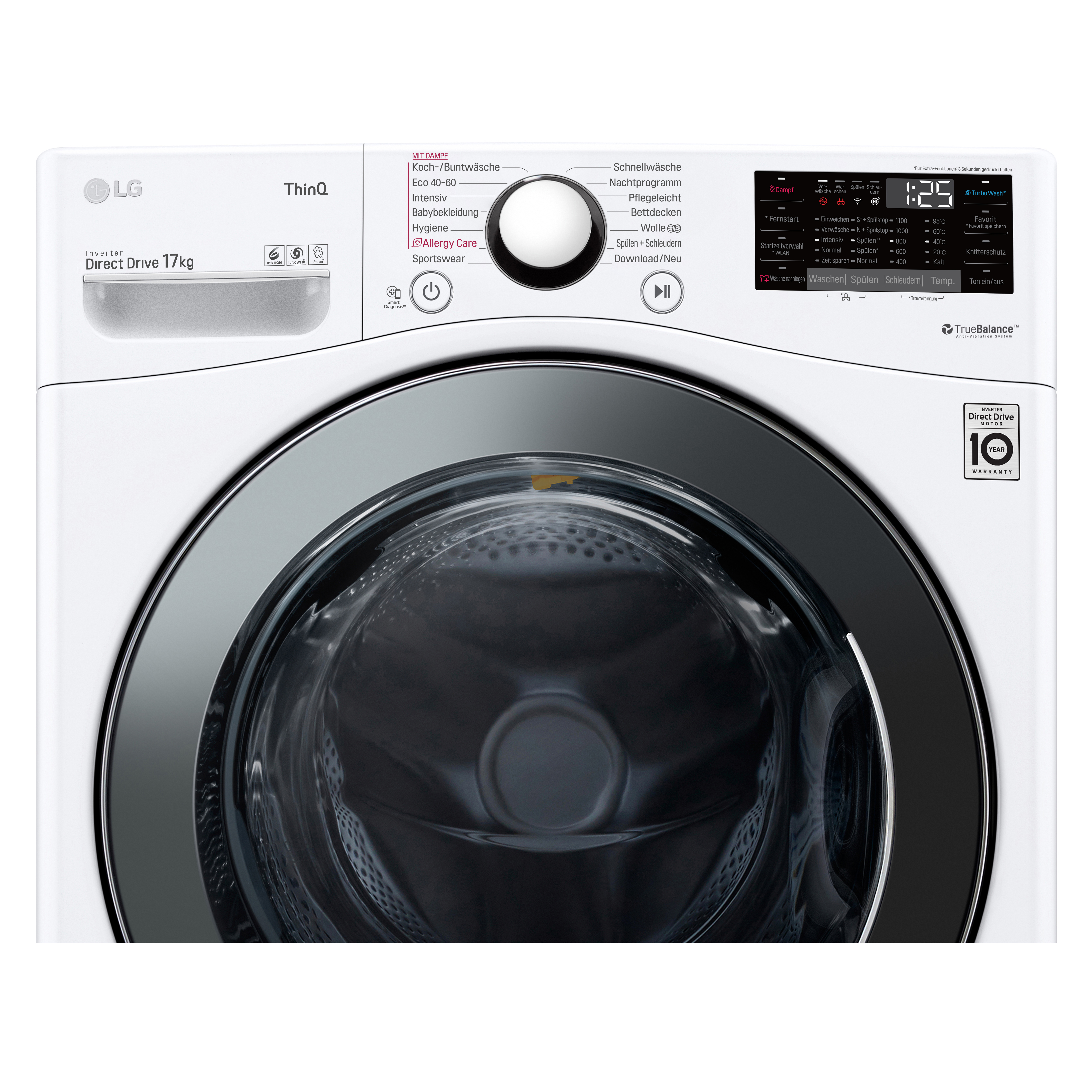 Weiße LG Waschmaschine mit Bedienfeld und digitaler Anzeige, Nahaufnahme.