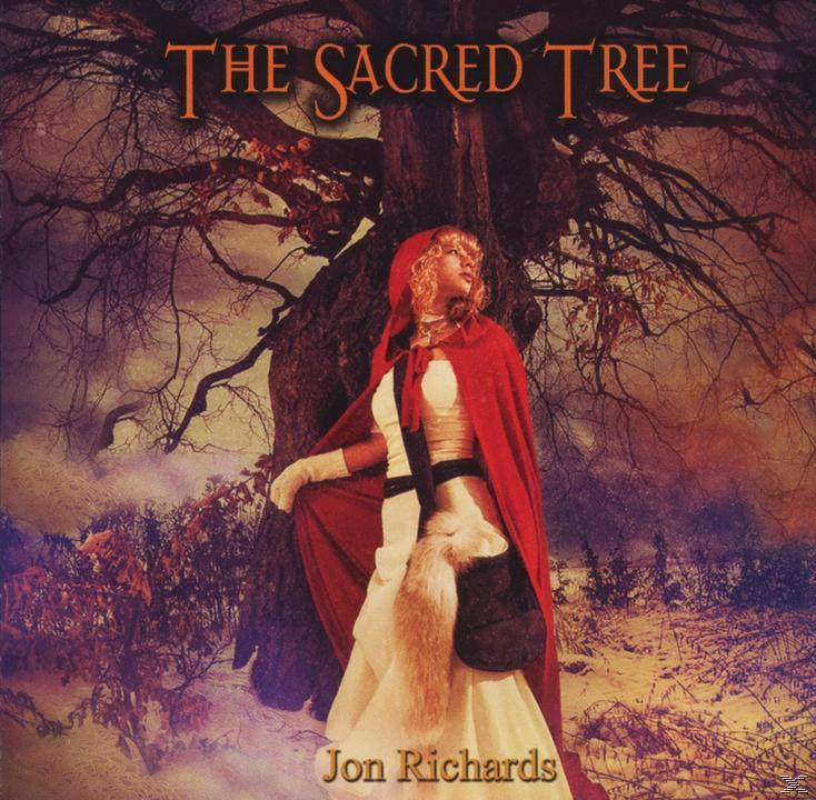 Borítókép: vörös köpenyes nő, 'The Sacred Tree' cím, Jon Richards. Sötét fa háttér.