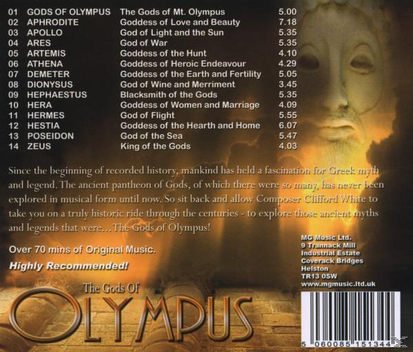 Egy CD-tok hátlapja a görög istenek nevének és leírásainak listájával, valamint elérhetőségi információkkal.