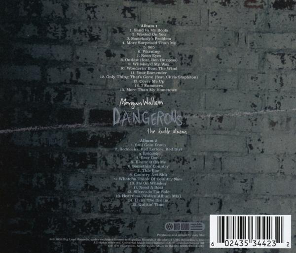 Albumcover mit Titelliste auf einer grauen Backsteinmauer.