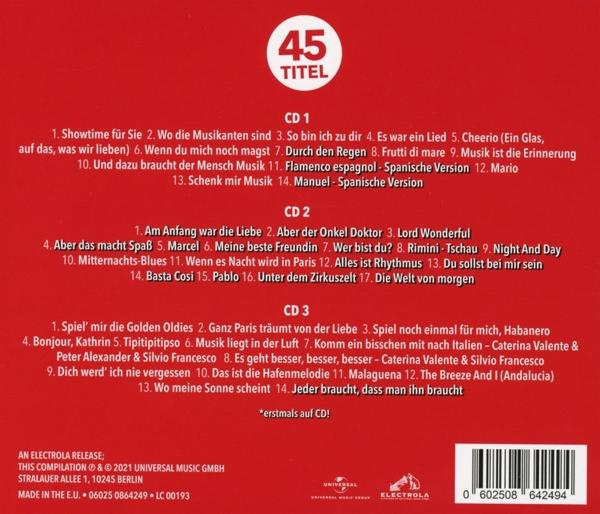 Rückseite einer CD mit drei Listen von Songtiteln. Mit einem Logo und Kontaktdaten.