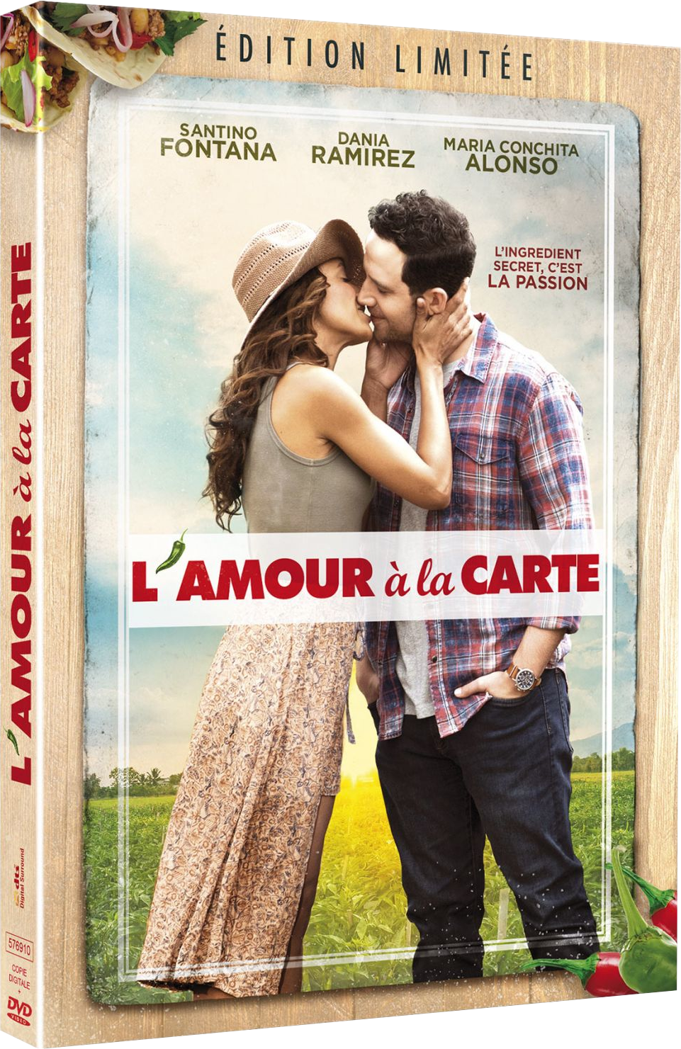 DVD-hoes van een kussend stel, voor een veld, met Franse tekst.