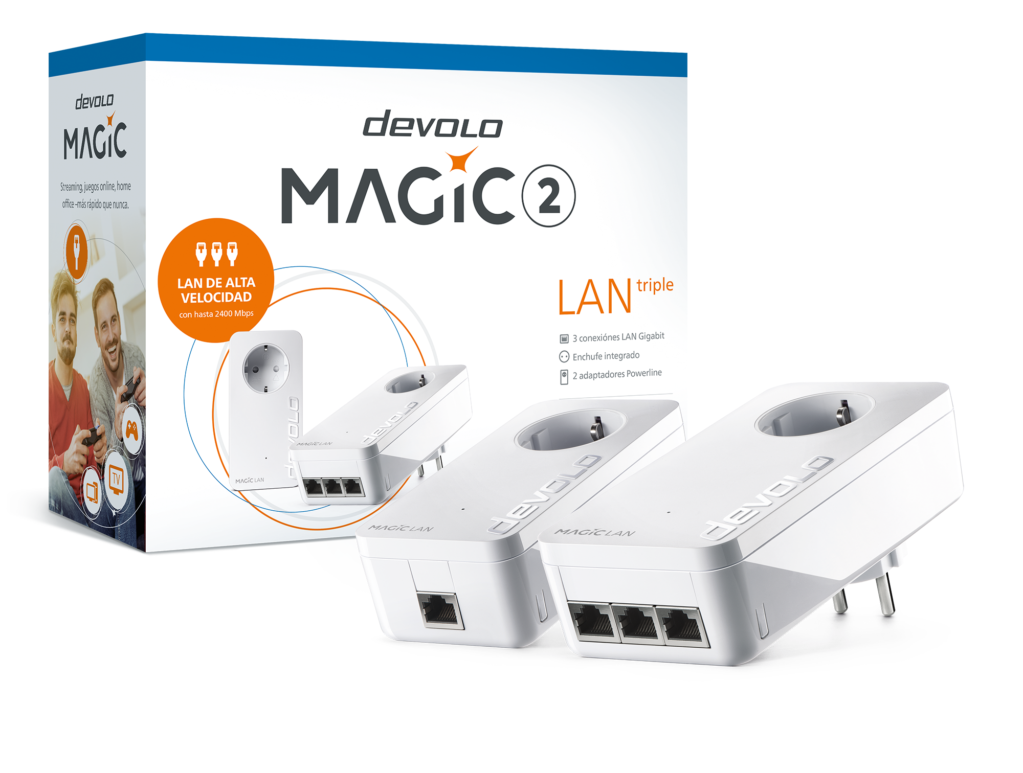 Kit Adaptador Powerline - Devolo Magic 2 LAN Triple, Starter Kit, Doble banda, 2400 Mbps, 2 Unidades, Blanco
