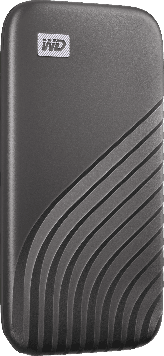 Hard disk esterno grigio scuro con motivo a onde su un lato.