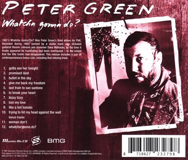 Achterkant van een Peter Green CD, een afbeelding van een man, tracklist en een barcode.