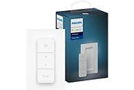 Interrupteur variateur Philips Hue blanc et boîte. La boîte est bleue et blanche. Le variateur a des icônes d'alimentation, de soleil et le logo Hue.