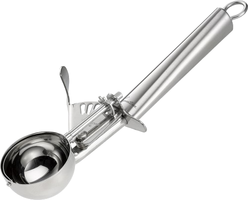 Cuillère à glace en acier inoxydable avec levier de libération.