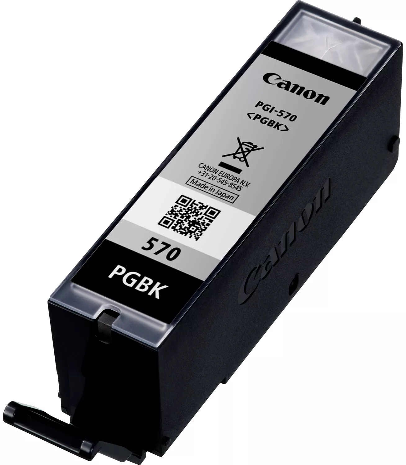 Canon PGBK tintapatron. Fekete patron termékinfóval, QR kóddal. Fehér háttér.