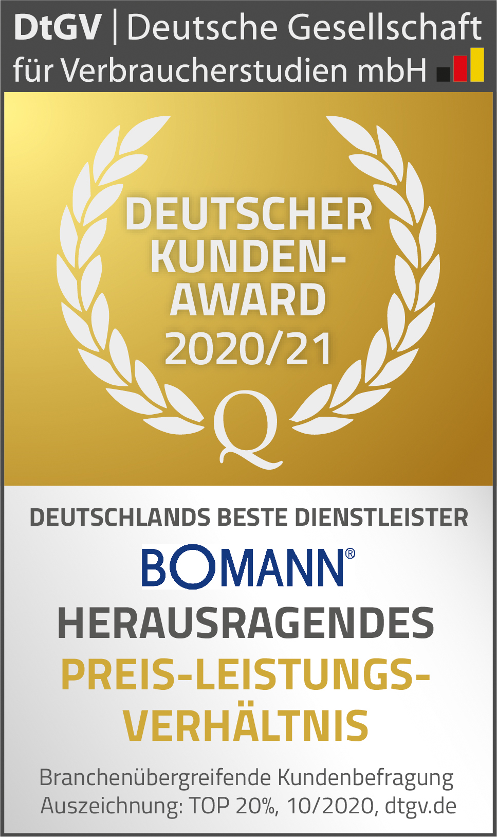 DtGV Urkunde: Deutscher Kunden-Award 2020/21 für Bomann als Top Dienstleister.