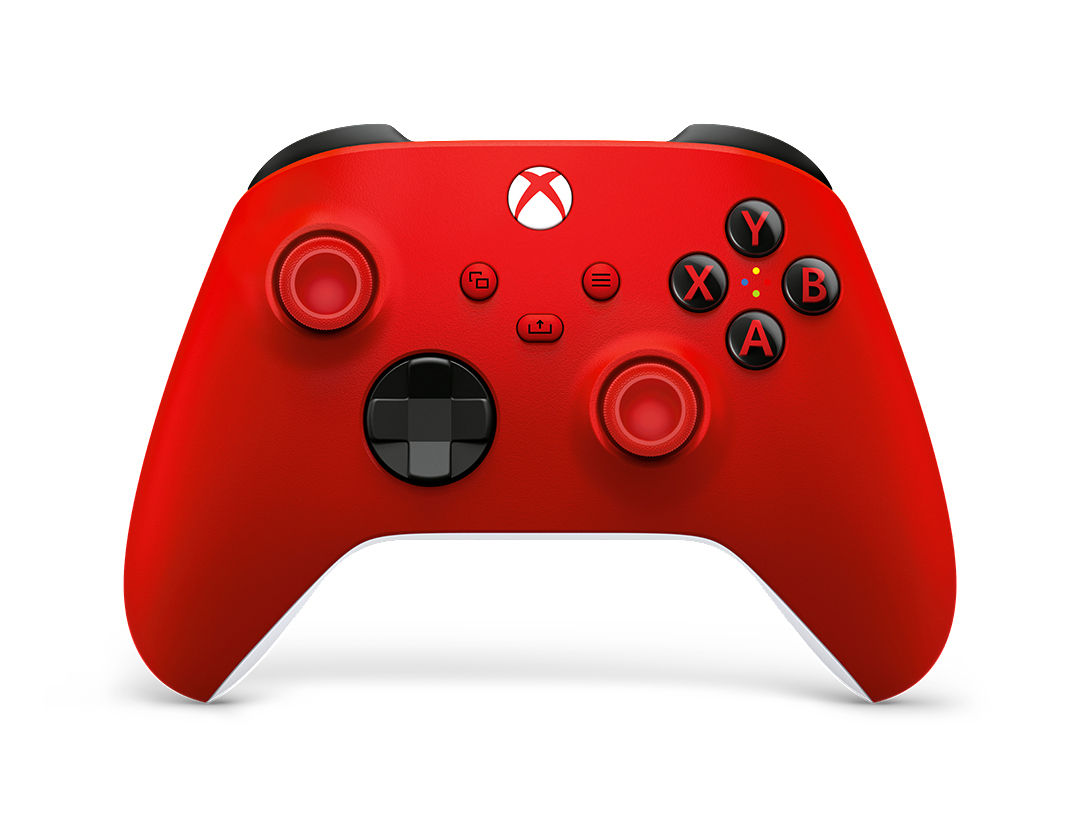 Roter Xbox-Controller mit schwarzen Tasten und weißem Xbox-Logo oben mittig. Ein Gamecontroller.