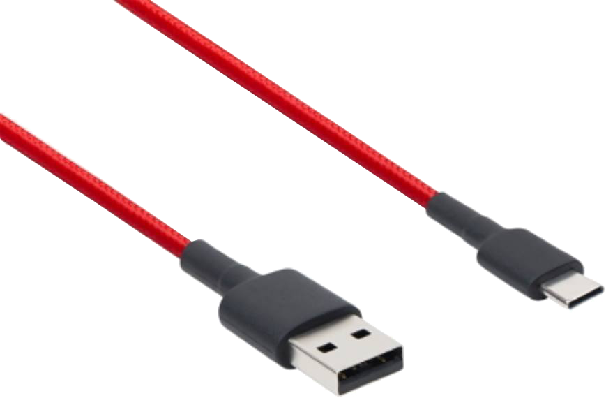 Piros USB-C kábel fekete csatlakozókkal. Az USB és USB-C végek láthatók fekete háttér előtt.