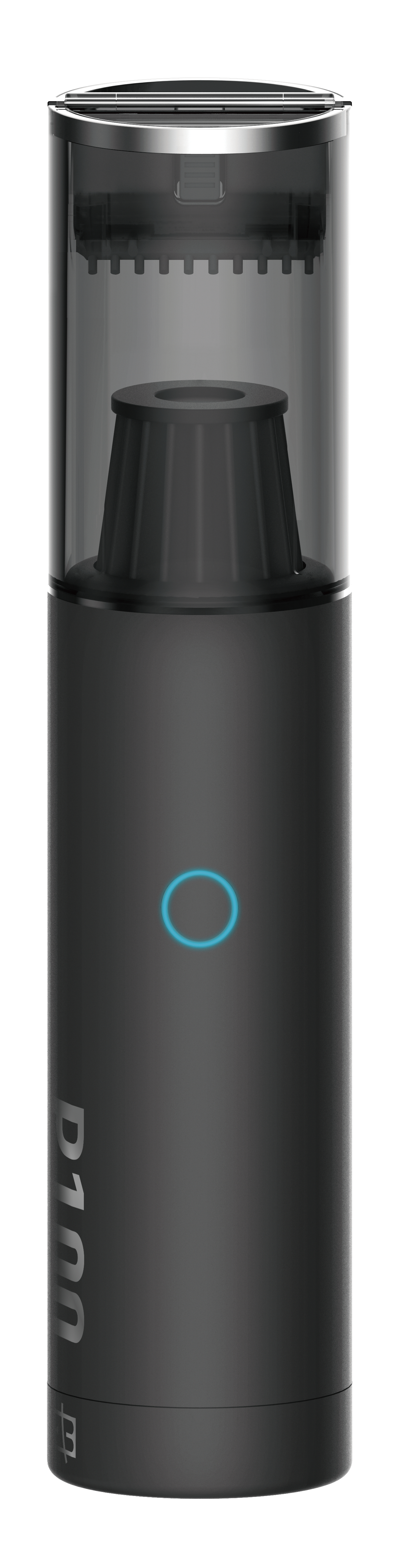 Schwarzer Vape Pen mit blauem Licht. Der Stift ist zylindrisch.