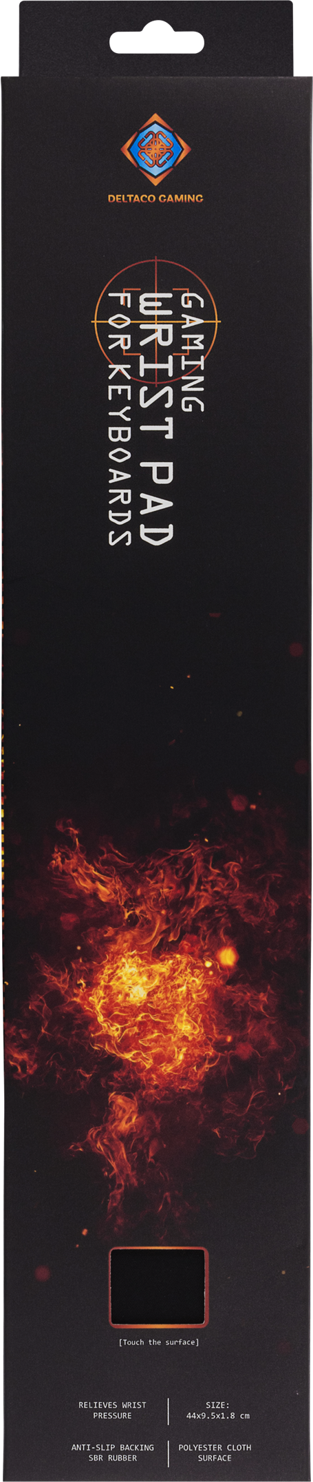 Confezione per un poggiapolsi da gaming per tastiere, con grafica infuocata.