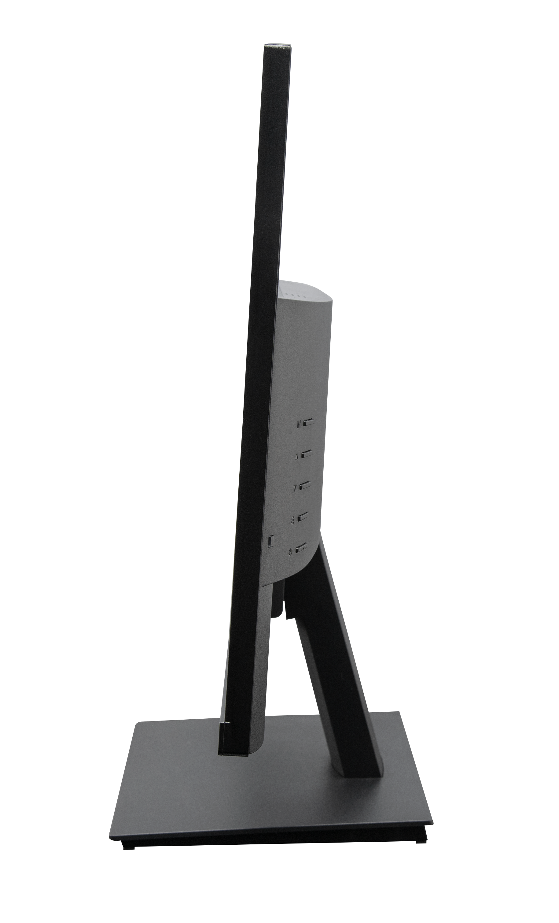 Ein schwarzer Computermonitor mit einem Ständer.