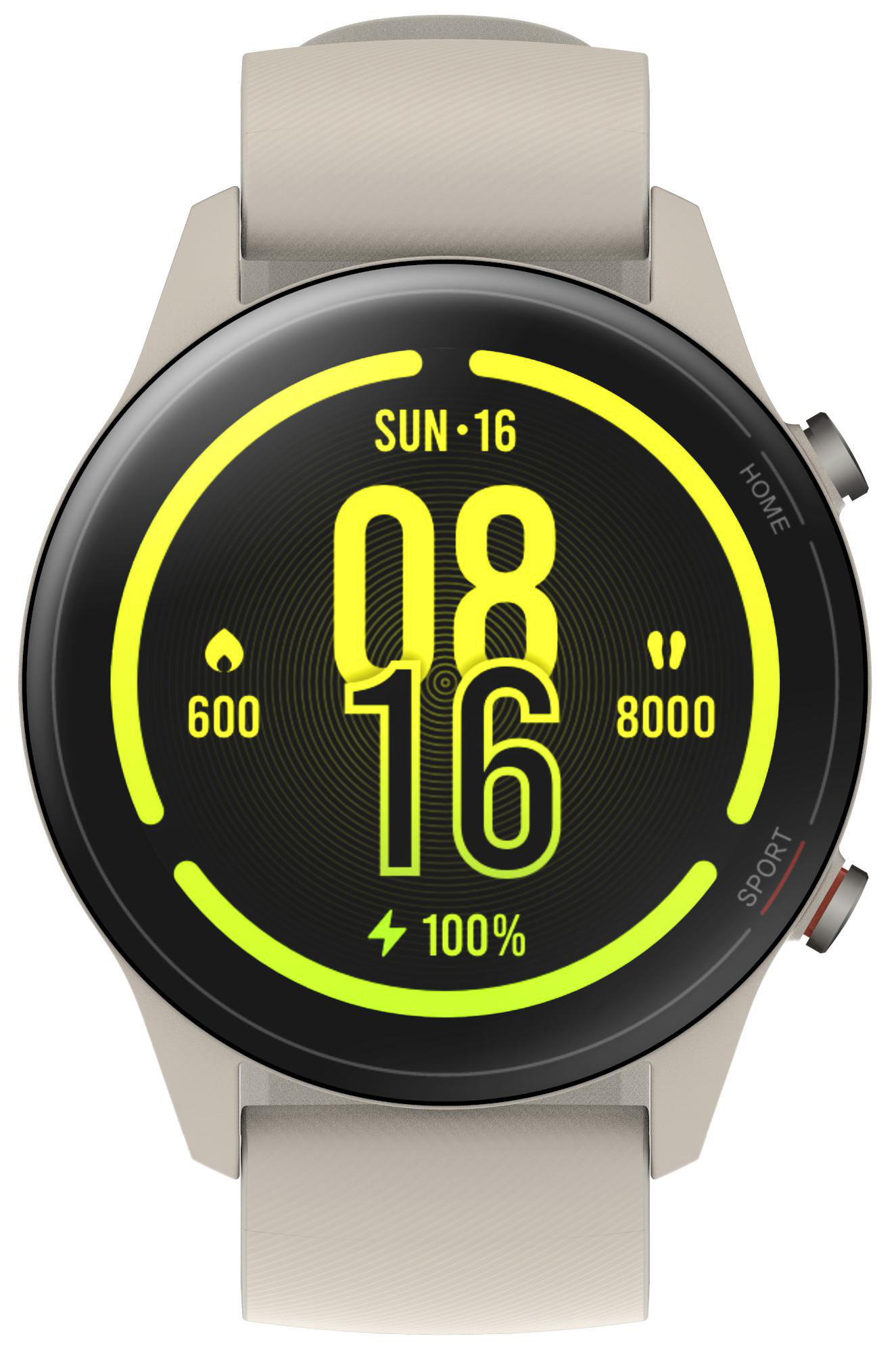 Cremefarbene Smartwatch, schwarzer runder Bildschirm mit gelben Ziffern und Statistiken. Knöpfe rechts.