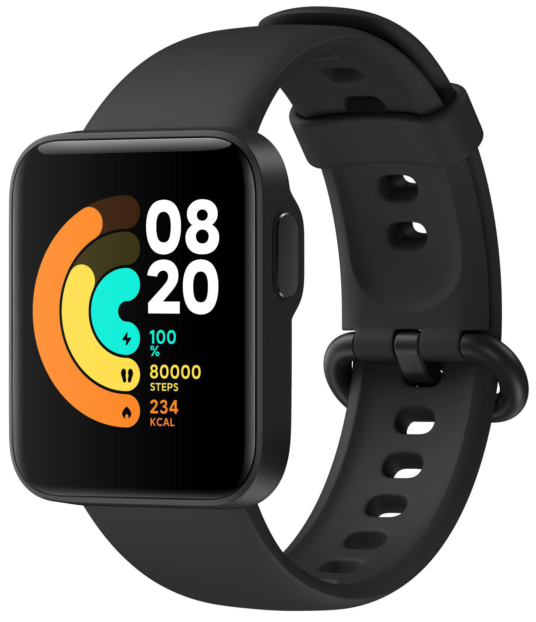 Schwarze Smartwatch mit quadratischem Bildschirm, der Zeit, Schritte und Kalorien anzeigt, mit schwarzem Armband.