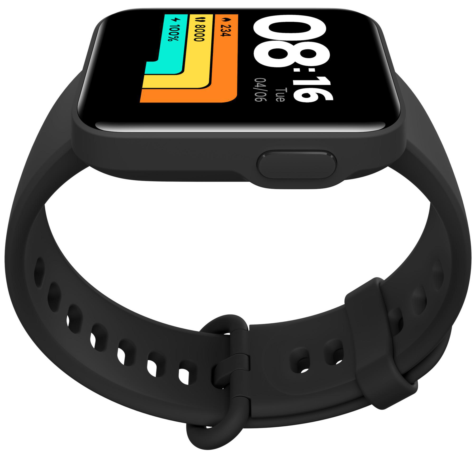 Eine schwarze Smartwatch mit schwarzem Armband, die die Uhrzeit und andere Gesundheitsdaten anzeigt.