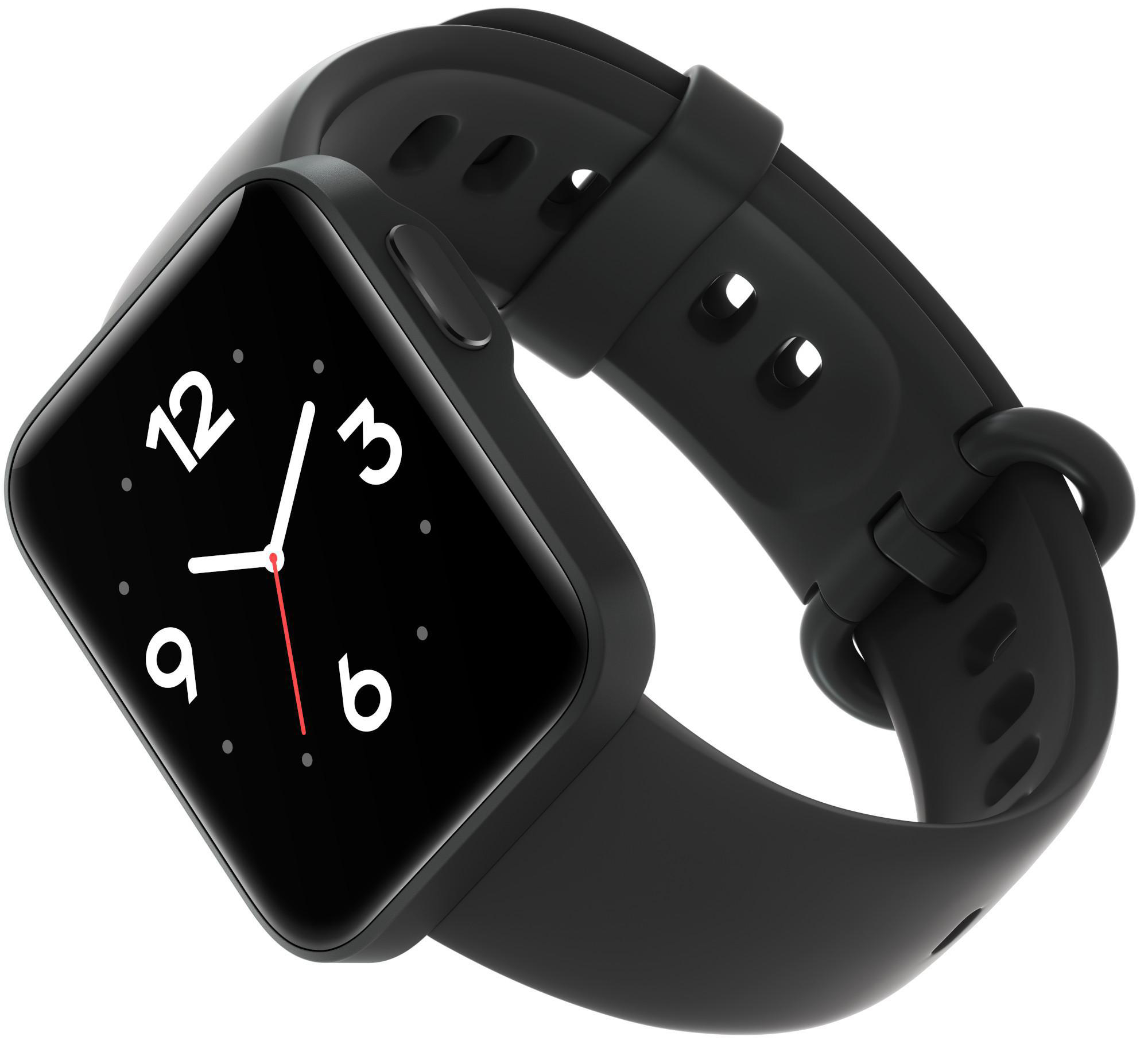 Schwarze Mi Watch mit schwarzem Armband und schwarzem Bildschirm, der die Uhrzeit anzeigt.
