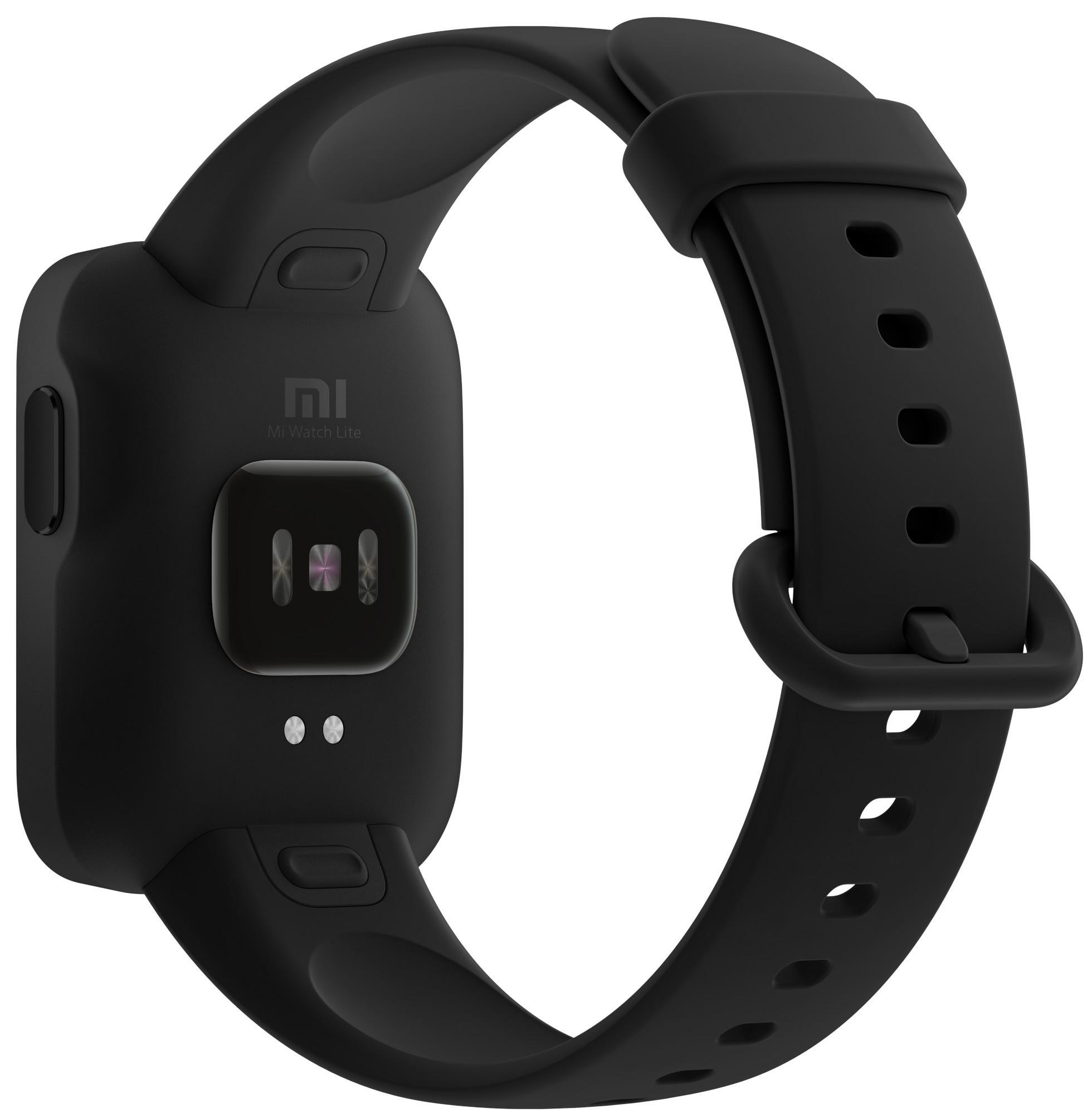 Rückseite einer schwarzen Mi Watch Lite mit schwarzem Armband. Mi-Logo und Sensoren.