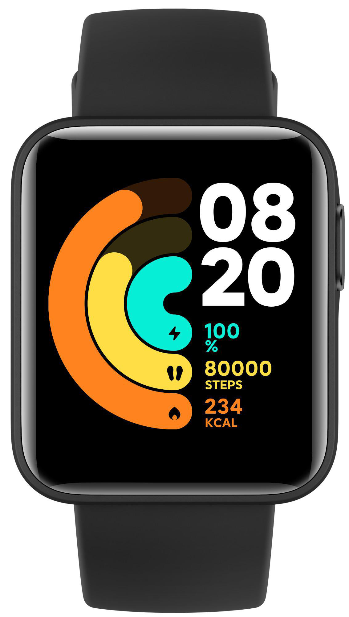 Schwarze Smartwatch mit bunten Diagrammen, Schritten und Gesundheitsdaten, am schwarzen Armband.
