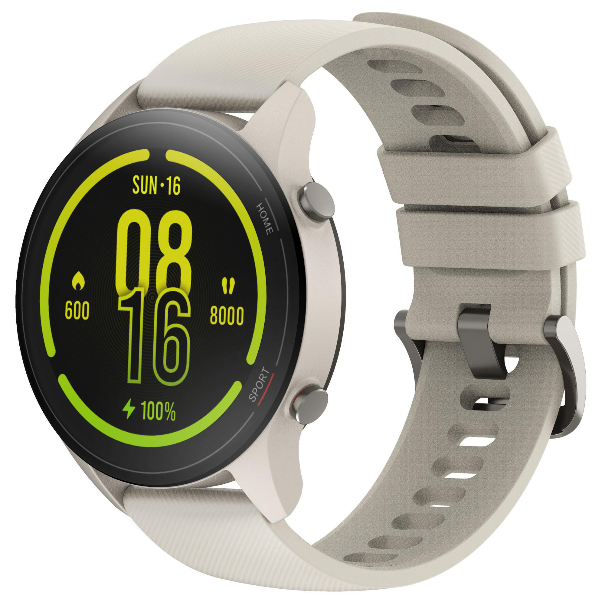 Eine beige Smartwatch mit rundem Zifferblatt. Der Bildschirm zeigt Datum, Uhrzeit und Aktivitätsdaten.
