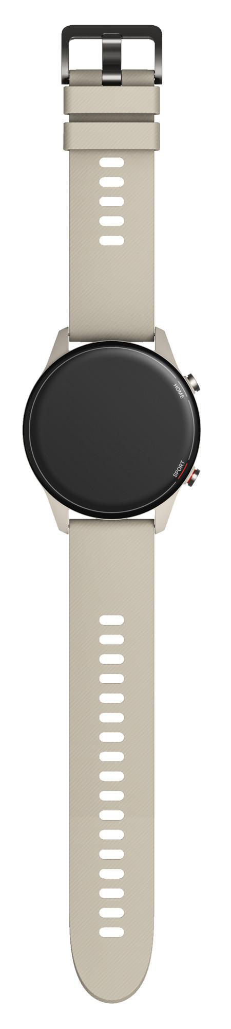 Eine beige Smartwatch mit schwarzem Bildschirm und beigem Armband. Die Uhr liegt auf Weiß.