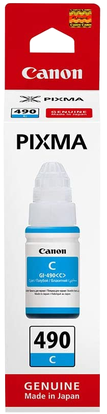 Canon tintapatron doboz. Kék tintapalack látható. A márkanév és a termékinformációk a dobozon.