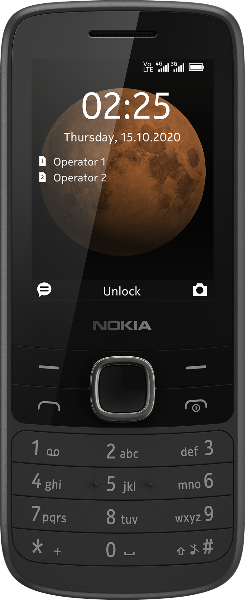 Fekete Nokia telefon idő kijelzővel. Égitest képet mutat. Számbillentyűzete van.