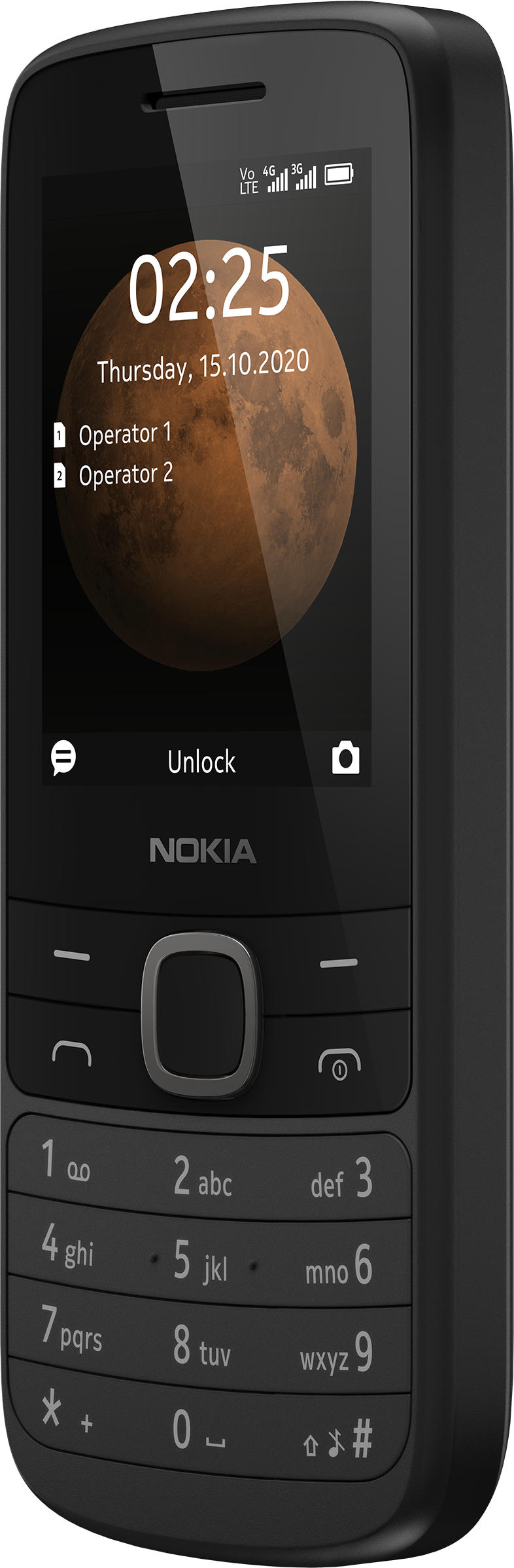 Fekete Nokia telefon időt, dátumot és holdképet mutat.
