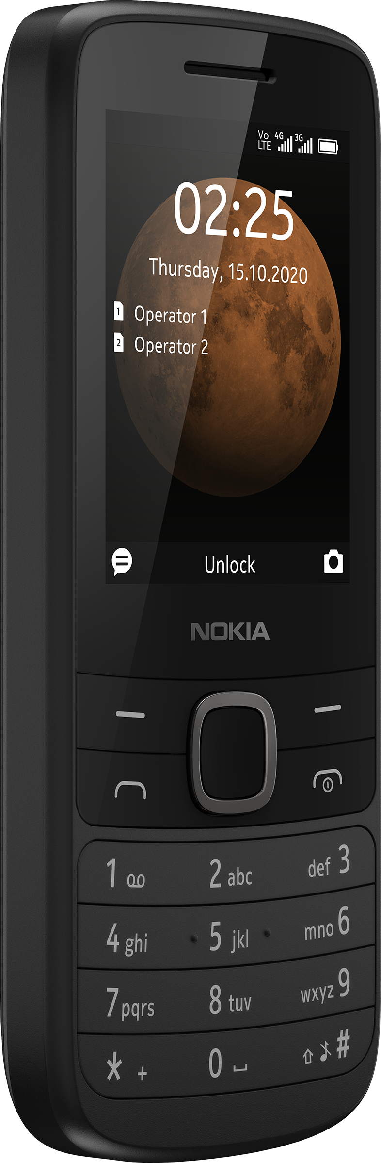 A fekete Nokia telefonon az idő, a dátum és a hold a háttérben látható. Van rajta billentyűzet és feloldó üzenet.