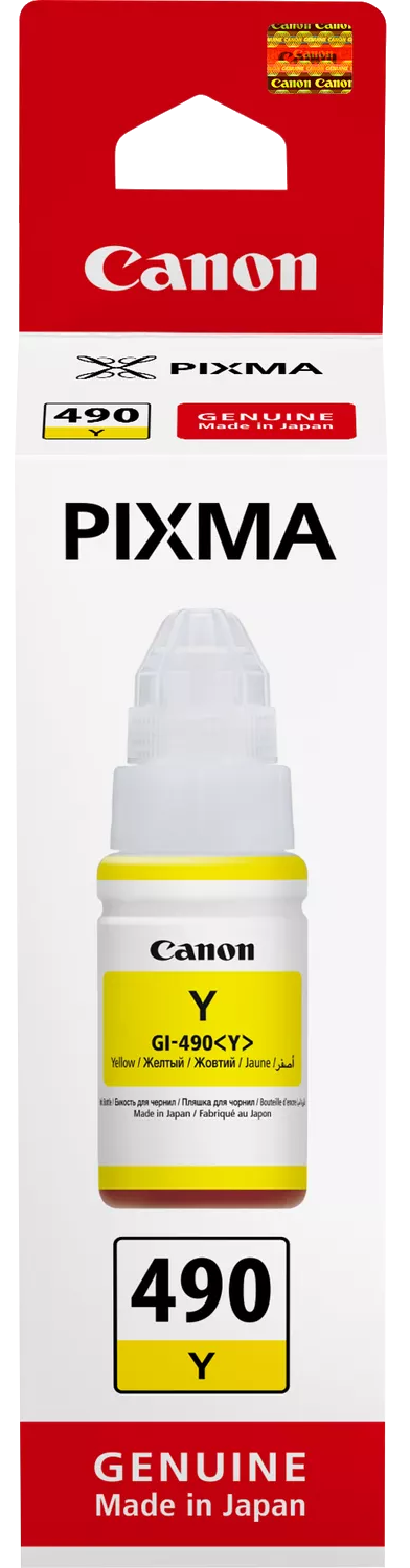 Canon Pixma tintásüveg fehér-sárga dobozban, Canon GI-490 Y felirattal.