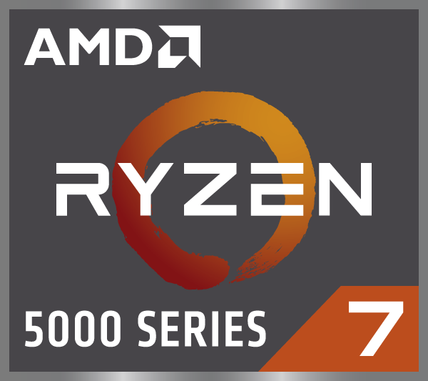 Logotipo AMD Ryzen 7 5000 Series sobre fondo gris con círculo naranja.